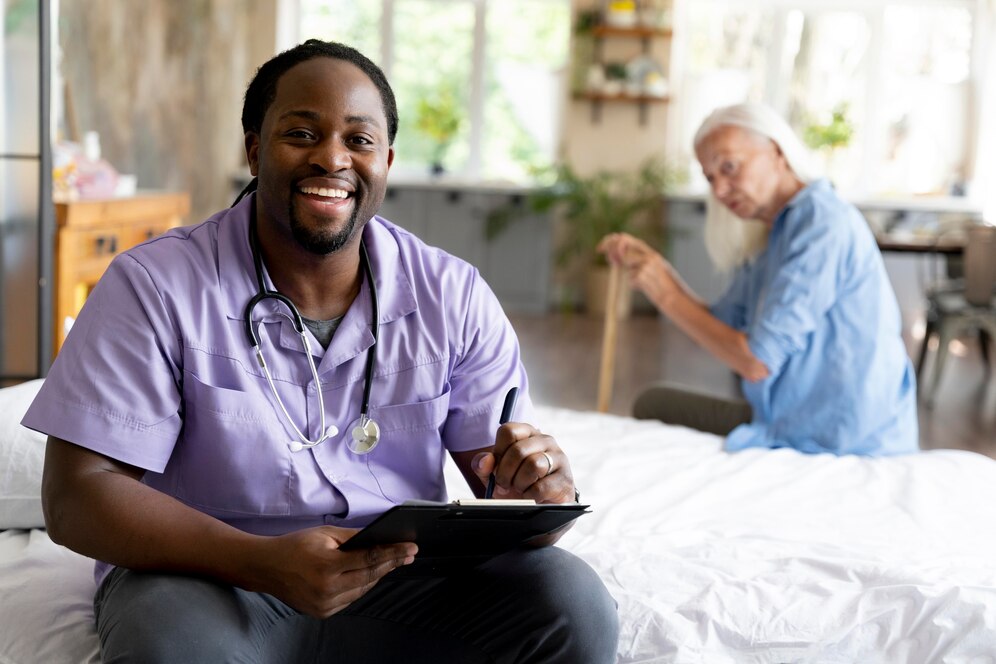 healthcare worker-taking care of senior-woman